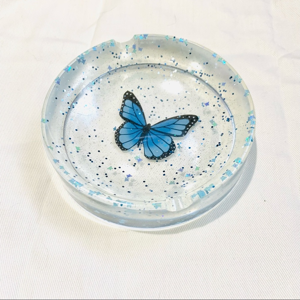 Blue Glitter Resin Butterfly Ashtray